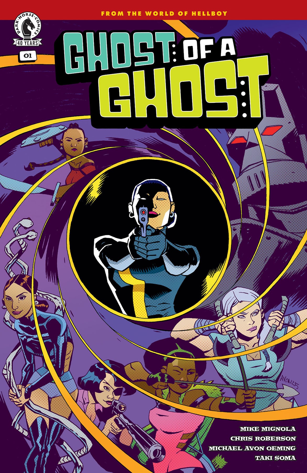 Comic book cover shows a masked figure with a gun in the center, surrounded by four diverse characters and a robot, in a dynamic purple and yellow design. Title: “Ghost of a Ghost.”.