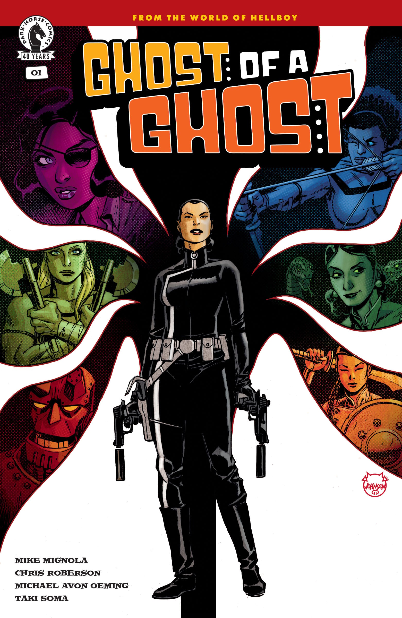A woman in black holding guns stands in the center, surrounded by faces in colored segments. “Ghost of a Ghost” comic title and creators’ names are displayed.