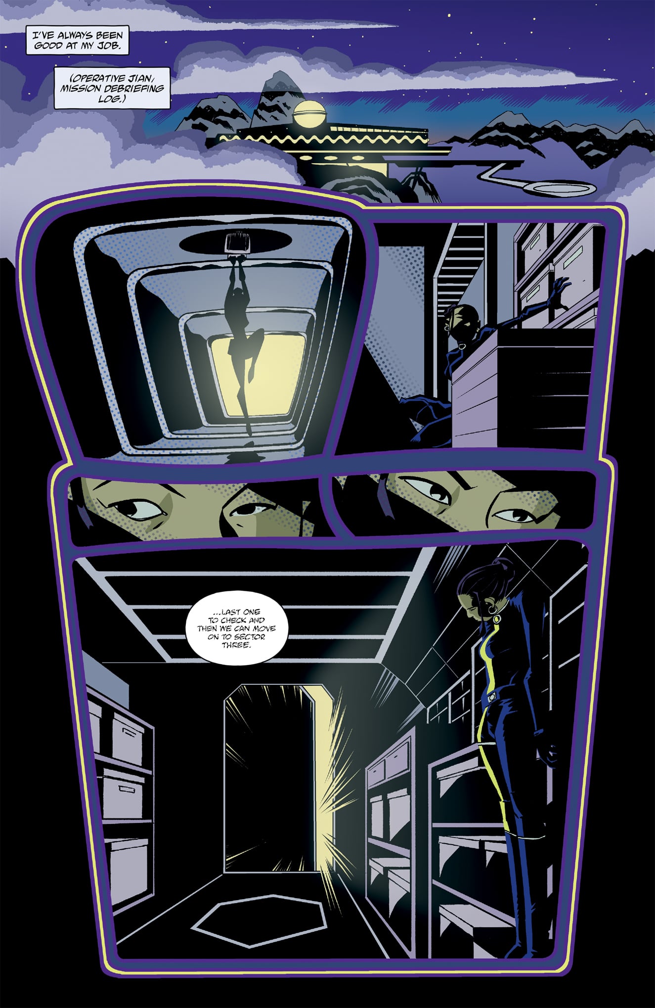 A masked figure stealthily enters a dark storage facility at night, unlocking a door and illuminating the room with a bright light.