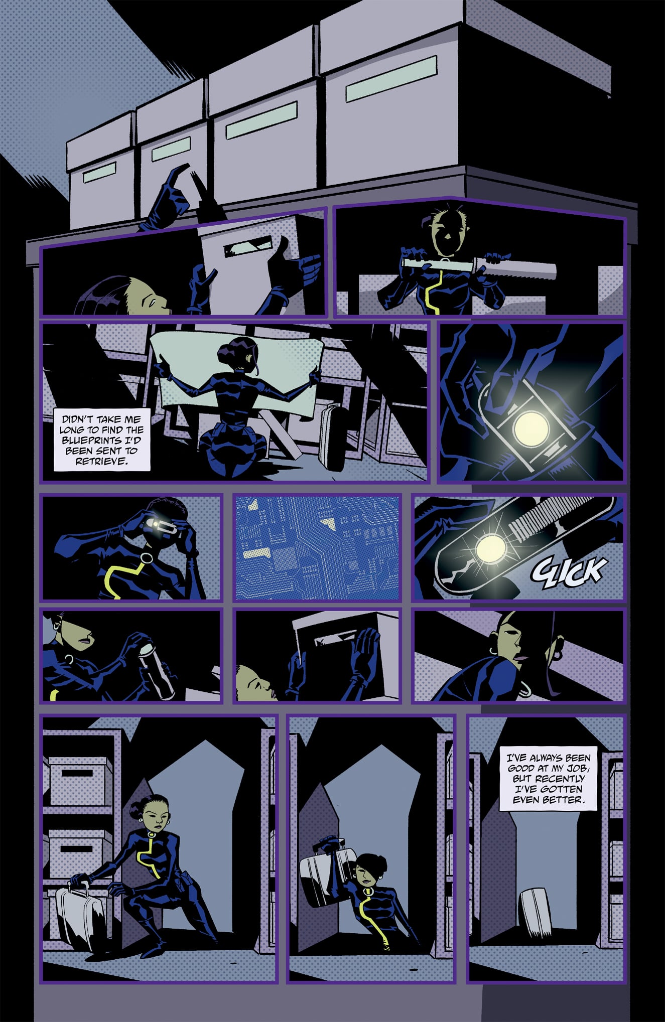 A comic book page showing a woman in a dark uniform infiltrating a storage room, retrieving blueprints, using a flashlight, and packing them into a briefcase before exiting.