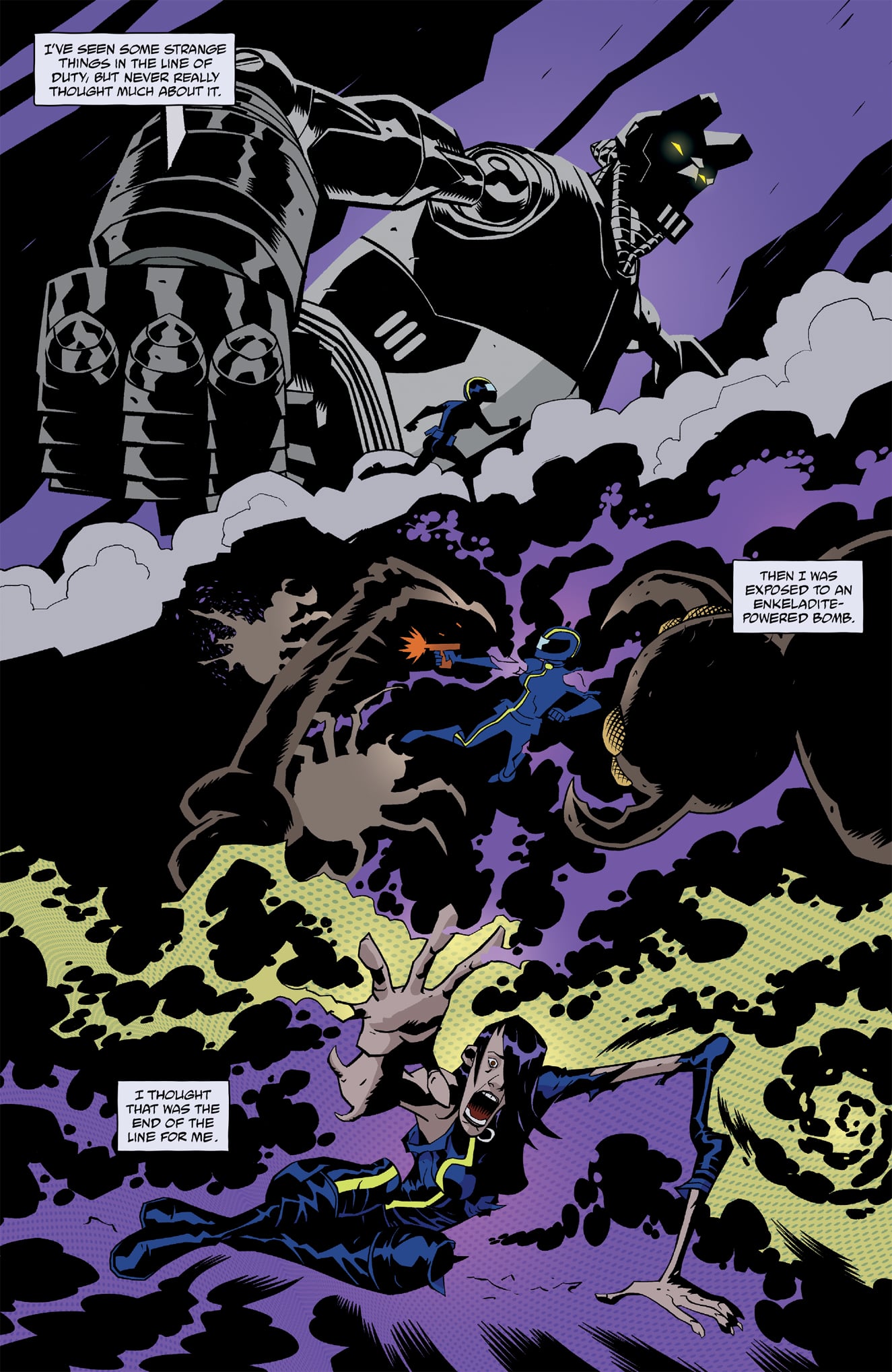 A giant robot looms behind a running figure; in the next scene, the figure battles a monstrous creature surrounded by dark smoke, eventually falling backward amid chaos.