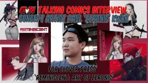 Interview graphic featuring concept artist Paul ‘Zeronis’ Kwon surrounded by various character artworks from “Reminiscent: Art of Zeronis.”.