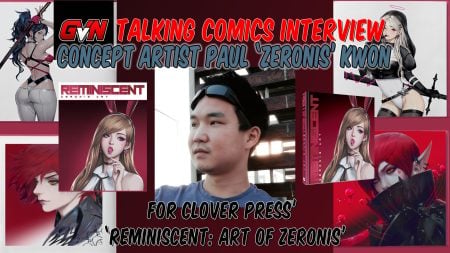 Interview graphic featuring concept artist Paul ‘Zeronis’ Kwon surrounded by various character artworks from “Reminiscent: Art of Zeronis.”.