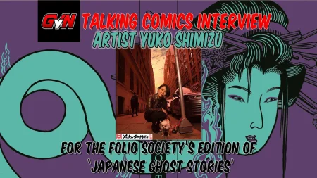 Promotional graphic for an interview with artist Yuko Shimizu about illustrating ‘Japanese Ghost Stories’ for The Folio Society, featuring stylized art and a photo of Shimizu with a dog.