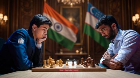 Two men play chess at a table, with Indian and Uzbek flags displayed behind them in an ornate room.