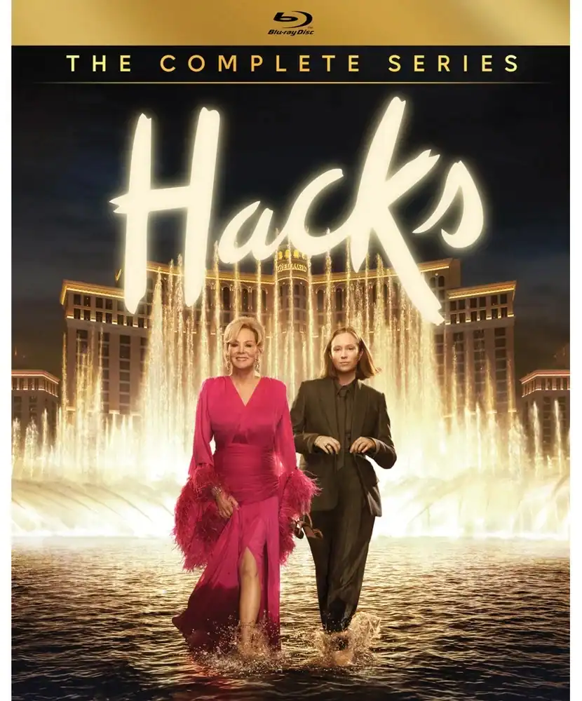 Two women walk on water in front of the Bellagio fountains on the cover of “Hacks: The Complete Series” Blu-ray set.