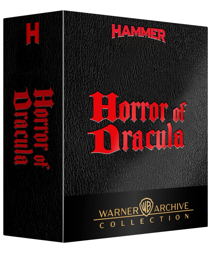 Black box set with red “Horror of Dracula” text, “Hammer” logo on top, “Warner Archive Collection” label at the bottom, textured leather-like background.