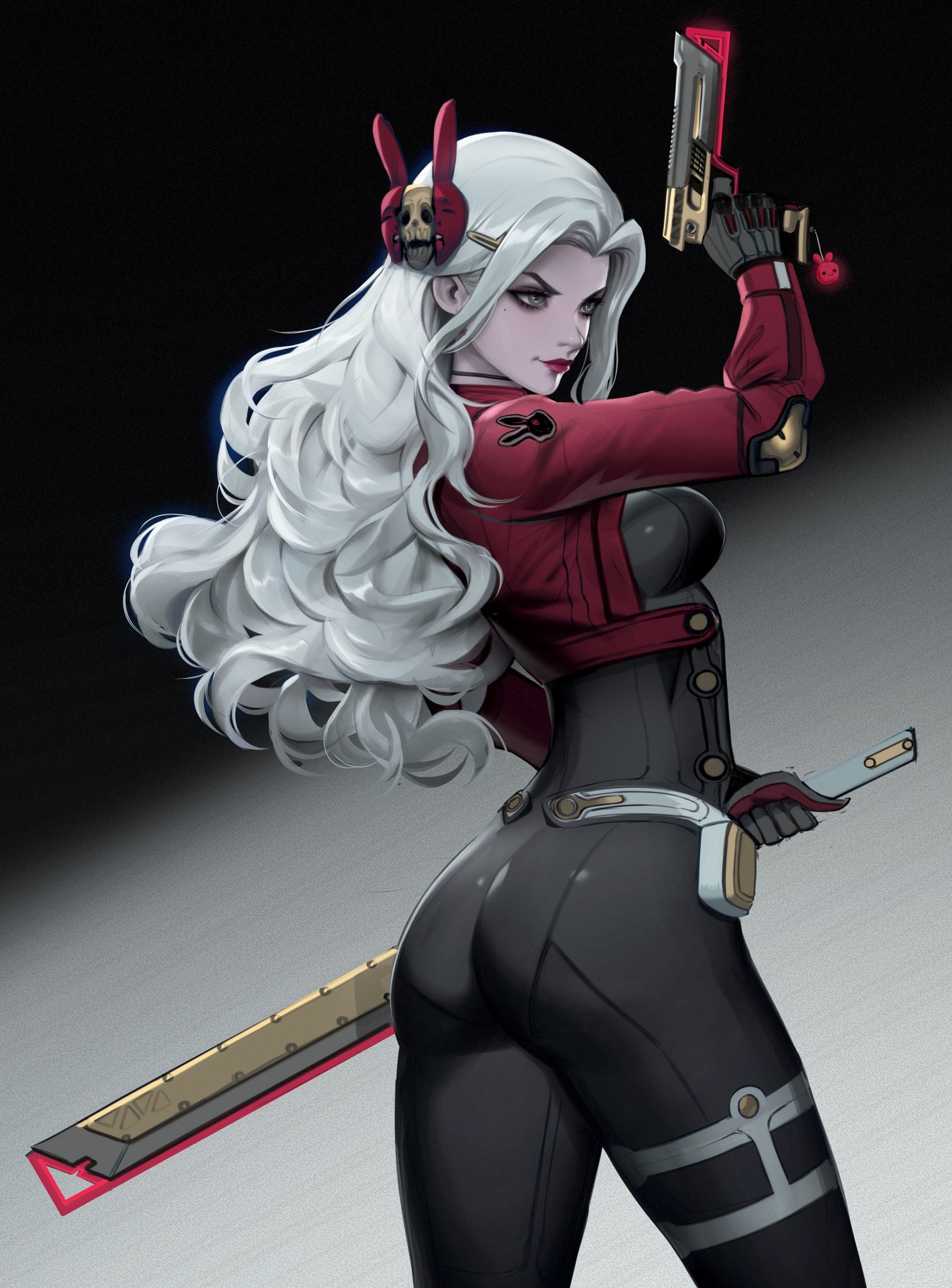 White-haired woman in a red and black outfit holds a futuristic gun and sword, looking over her shoulder against a dark gradient background.