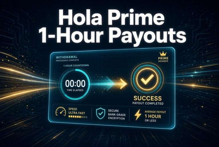 Digital graphic showing “Hola Prime 1-Hour Payouts” with indicators for instant withdrawal, bank-grade encryption, ultra-fast speed, and payouts in 1 hour or less.