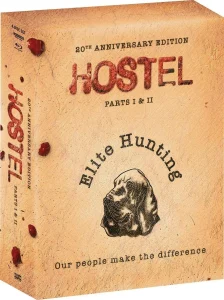 Hostel 20th Anniversary Edition box set featuring Parts I & II, with distressed design, red stains, and ‘Elite Hunting’ text above a dog’s head illustration.