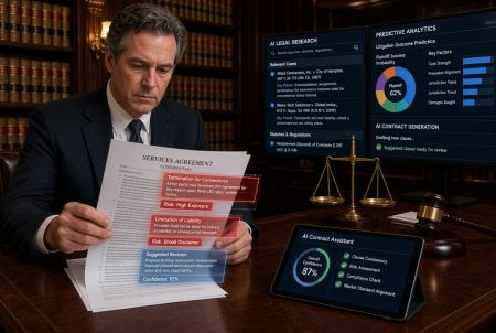 How AI Is Quietly Rewriting The Rules of Legal Tech A man in a suit reviews contract papers at a desk with multiple screens displaying AI legal research, analytics, and contract assistant data in a law library setting.