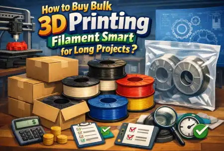 How To Buy Bulk 3D Printing Filament Smart For Long Projects? Stacks of 3D printing filament spools, boxes, a calculator, checklists, and a gauge on a desk, with a sign reading “How to Buy Bulk 3D Printing Filament Smart for Long Projects?”.