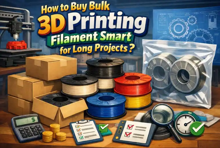 How To Buy Bulk 3D Printing Filament Smart For Long Projects? Stacks of 3D printing filament spools, boxes, a calculator, checklists, and a gauge on a desk, with a sign reading “How to Buy Bulk 3D Printing Filament Smart for Long Projects?”.