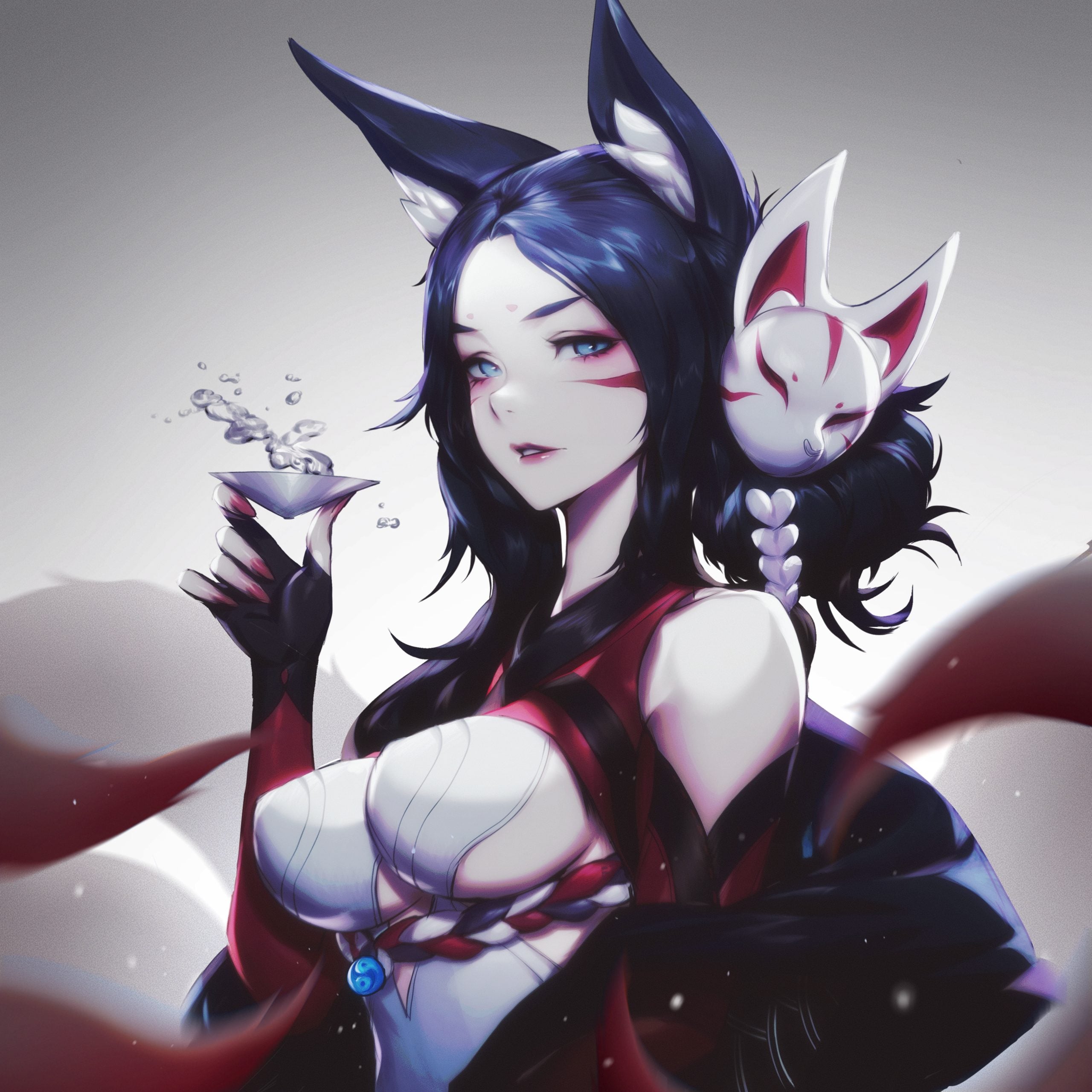 Anime-style woman with fox ears and dark hair holds a small cup, wearing a black and red outfit, with a white fox mask on her shoulder and a neutral background.