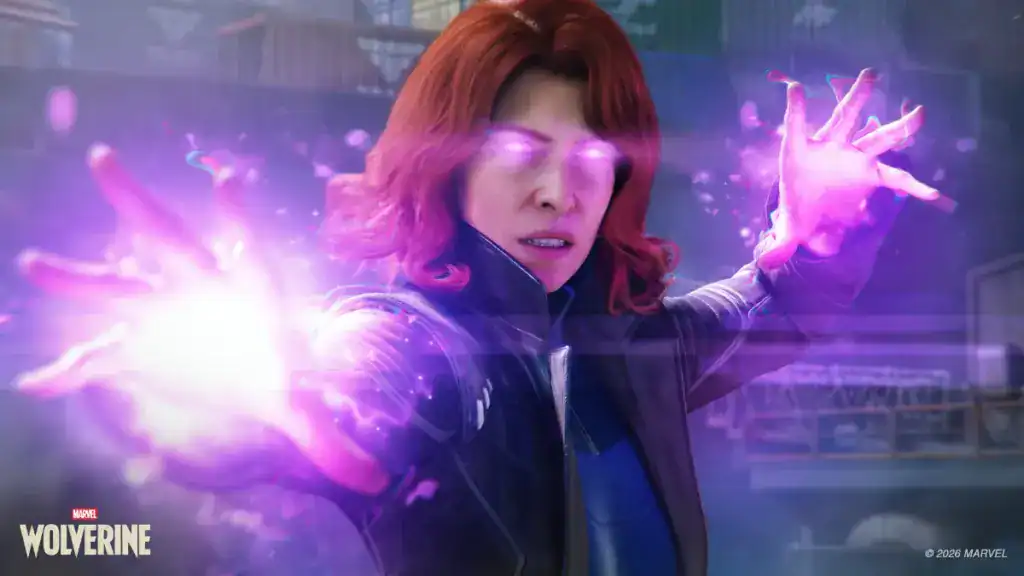 A woman with glowing purple eyes and hands emits purple energy in a dramatic pose. The image features the Marvel Wolverine logo in the corner.