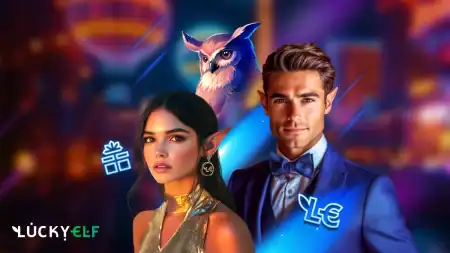 Inside The LuckyElf Game Library: Pokies, Demos And Tournaments A woman with elf ears and a man in a blue suit stand together with a glowing owl and gift box icon; “LuckyElf” logo is in the bottom left on a colorful, blurred background.