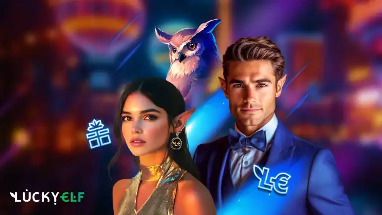 Inside The LuckyElf Game Library: Pokies, Demos And Tournaments A woman with elf ears and a man in a blue suit stand together with a glowing owl and gift box icon; “LuckyElf” logo is in the bottom left on a colorful, blurred background.