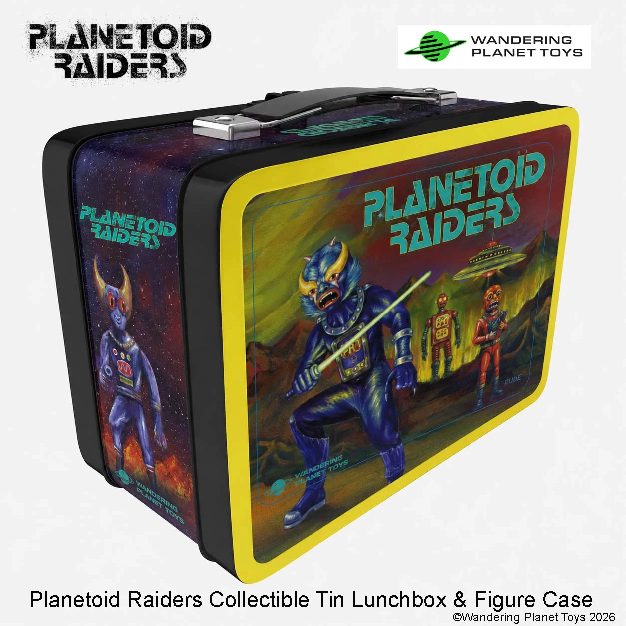 Rectangular tin lunchbox with colorful Planetoid Raiders artwork featuring three sci-fi characters, astronaut and aliens, against a space background. Text: Planetoid Raiders Collectible Tin Lunchbox.