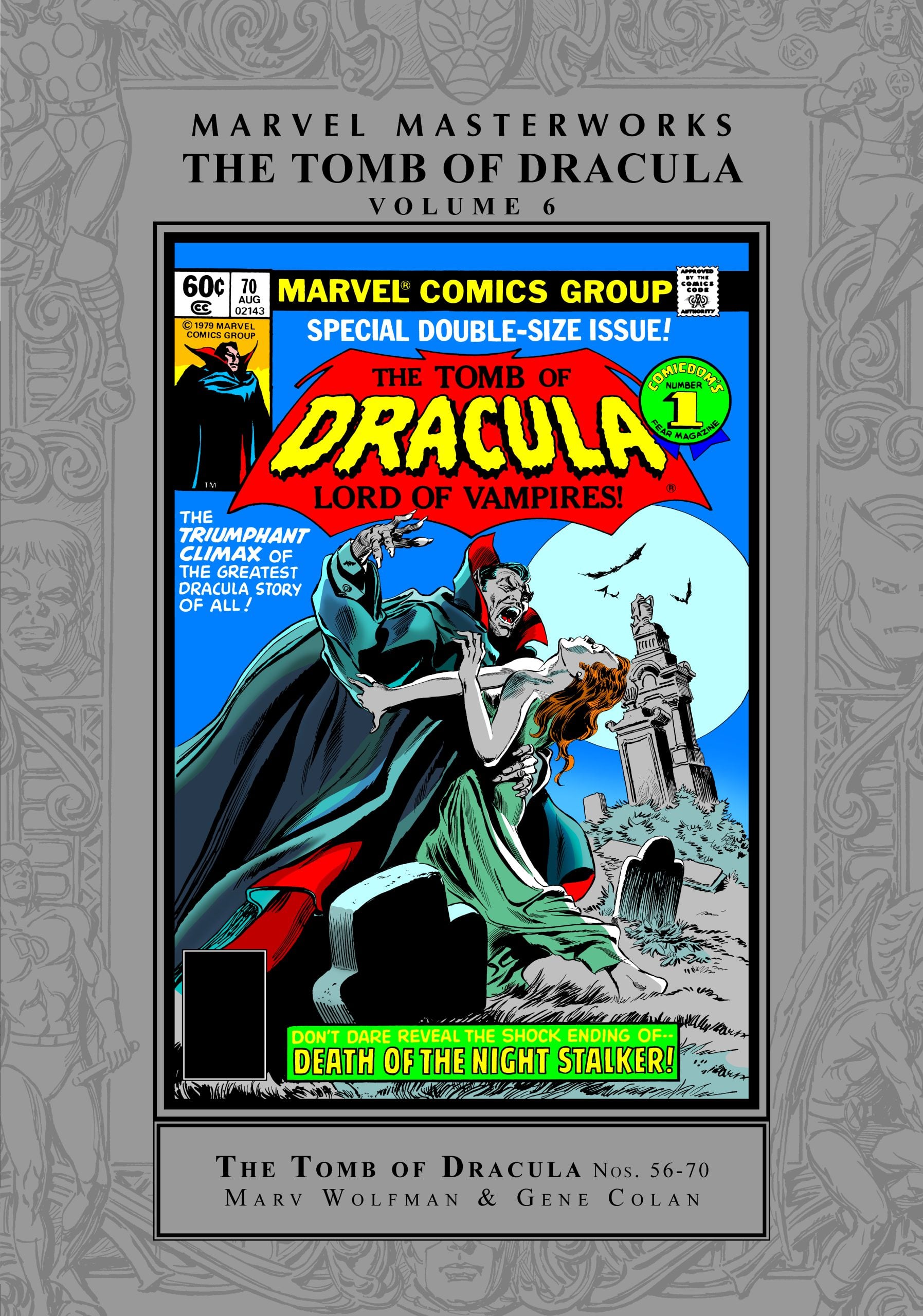 Comic book cover shows Dracula holding a fainted woman in a graveyard at night, with a full moon, bats, and a gravestone. Title: “The Tomb of Dracula: Lord of Vampires!”.