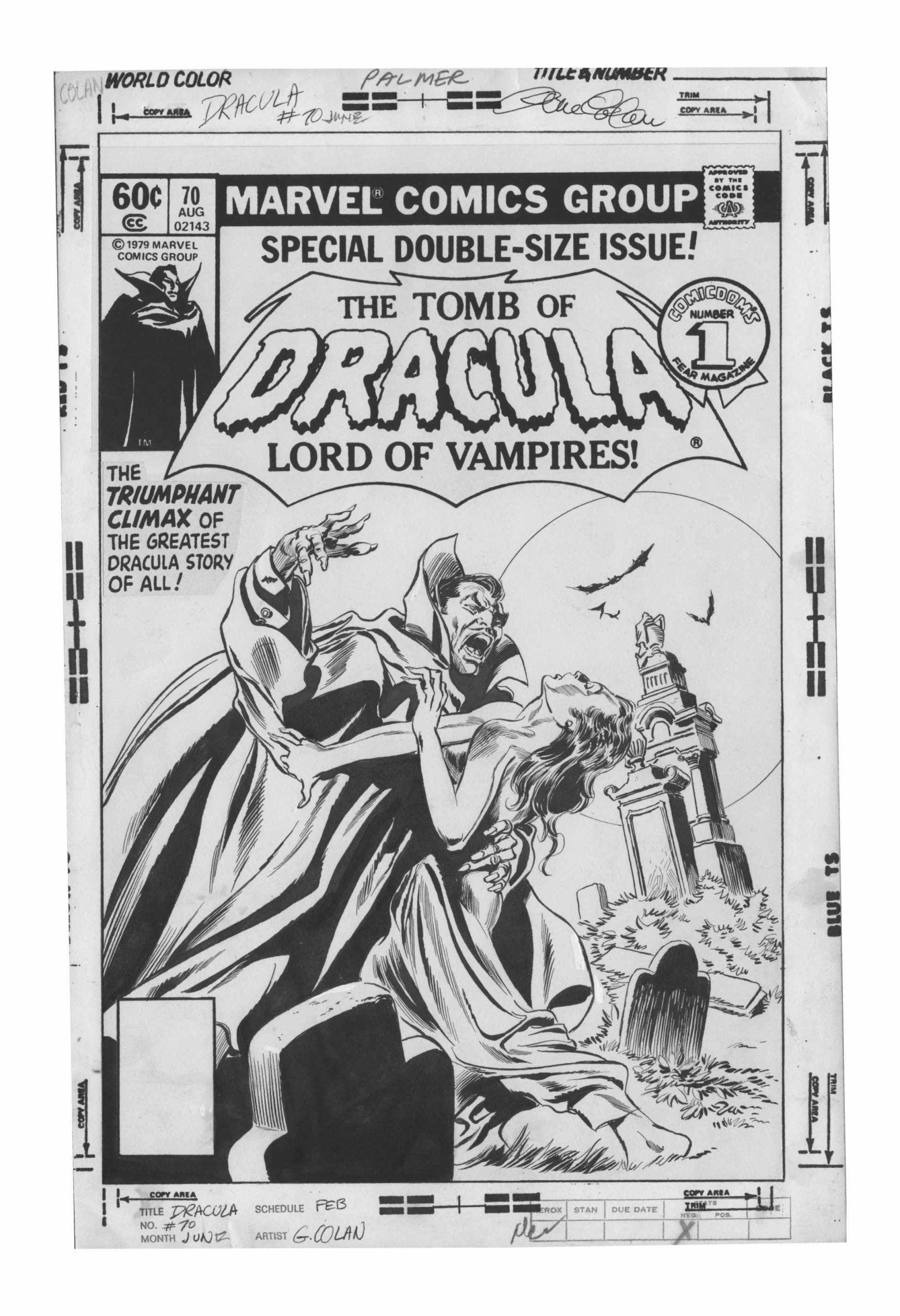 Black and white comic cover shows Dracula grabbing a woman in a cemetery with tombstones and bats in the background. Title reads “The Tomb of Dracula: Lord of Vampires!”.