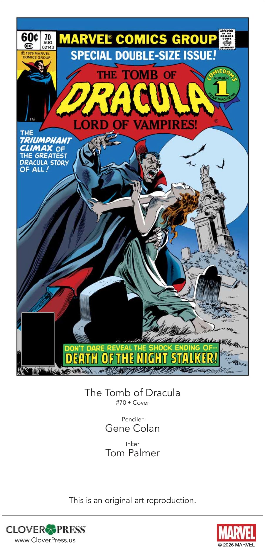 A vampire in a cape attacks a woman in a graveyard at night; a tombstone and a statue are visible in the background. Comic book cover art for The Tomb of Dracula #70.
