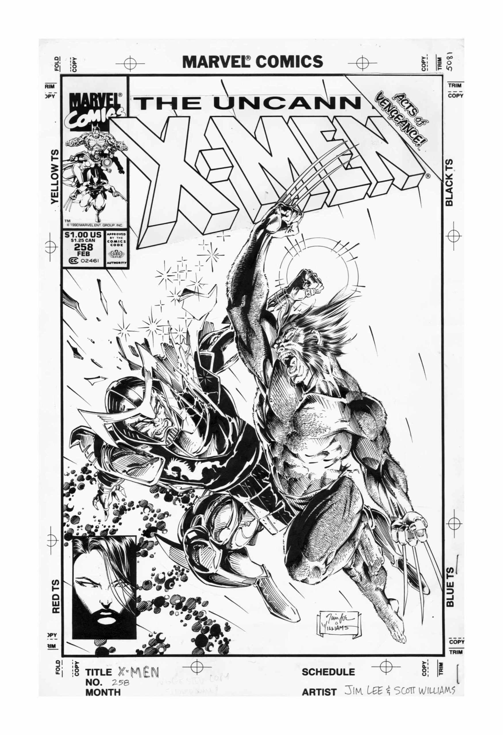 Black and white “The Uncanny X-Men” comic cover shows X-Men characters fighting, with dramatic poses and energy effects. Creator credits and color guide marks are visible around the edges.