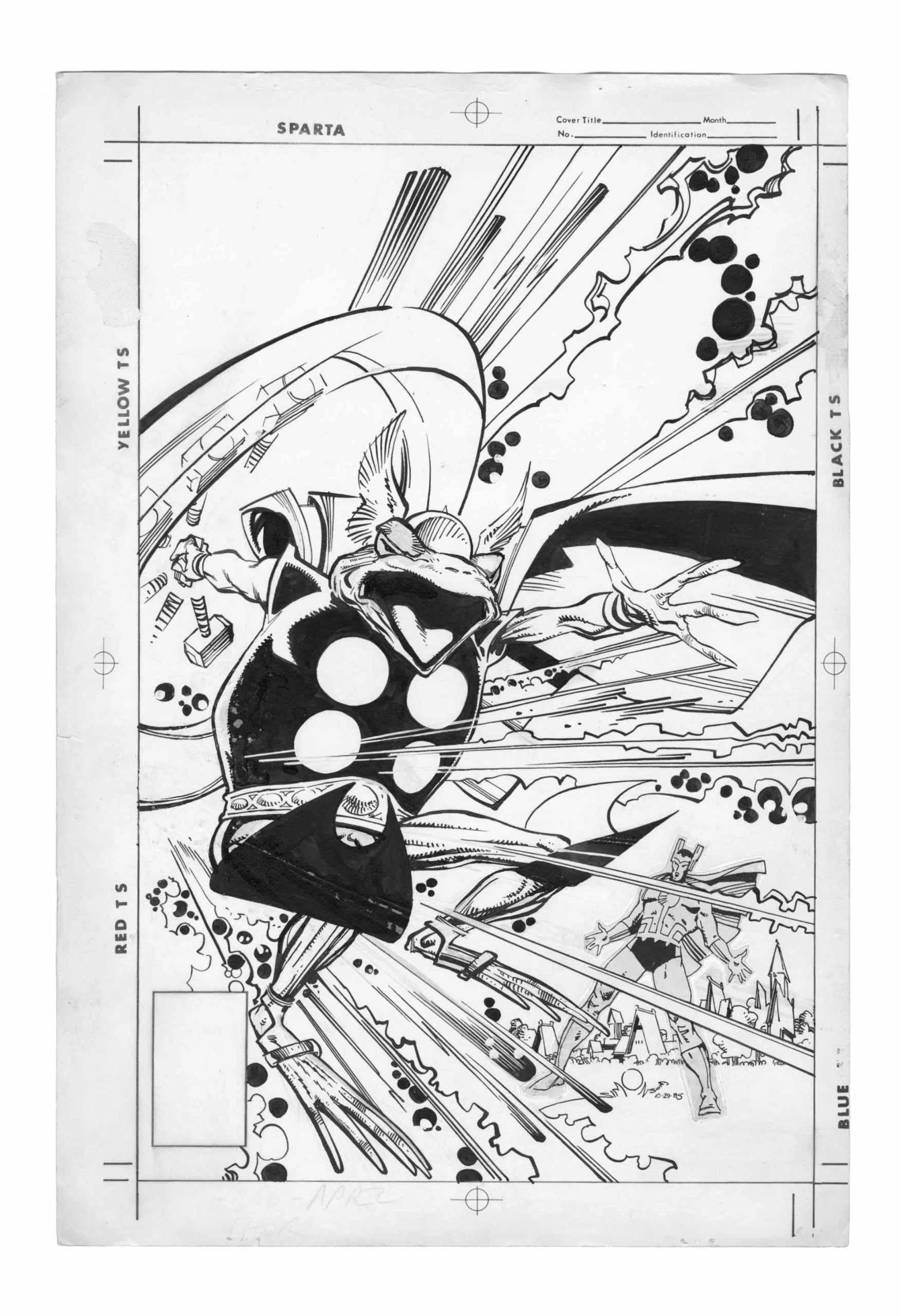Black and white comic art showing a dynamic scene with a superhero wielding a hammer, energy bursts, and other figures in the background. Comic panel guides and color labels are visible.
