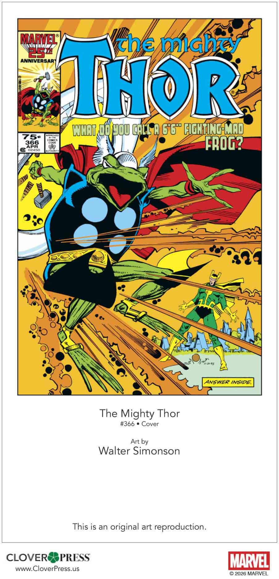 Comic cover of The Mighty Thor #365 shows Thor as a frog holding Mjolnir, leaping in front of frogs in a city. Title asks, “What do you call a 6’6” fighting mad frog?” Art by Walter Simonson.