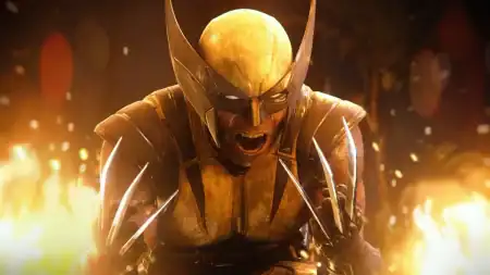 A person in a yellow and black costume with metal claws extended, crouching and shouting amid flames and sparks in a dramatic scene.