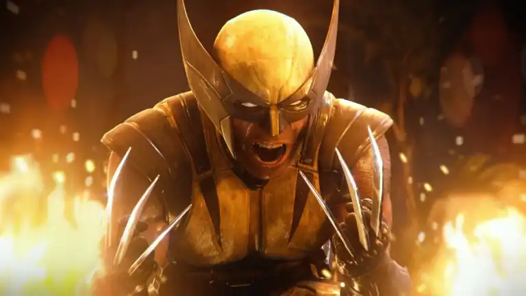 A person in a yellow and black costume with metal claws extended, crouching and shouting amid flames and sparks in a dramatic scene.