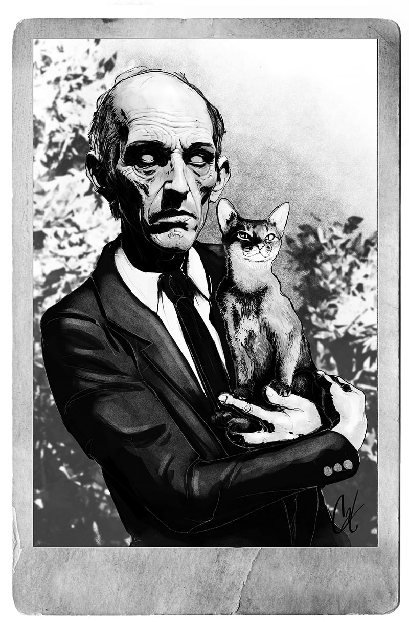 A stern, elderly man in a suit holds a calm cat. The image is in black and white, with a vintage, illustrated style and a blurred foliage background.