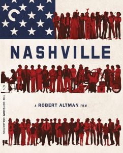 Poster for “Nashville,” featuring an abstract American flag and silhouettes of people in red. Text includes “A Robert Altman Film” and “Criterion Collection 1975.”.