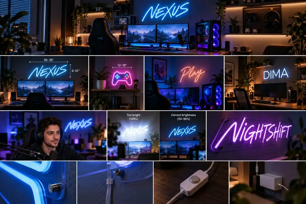 Neon Signs For Gaming Rooms And Streaming Setups: A Practical Guide A modern gaming setup with neon signs, dual monitors, RGB lighting, a gaming chair, and various close-ups showing details of lights, brightness controls, and a person sitting at the desk.