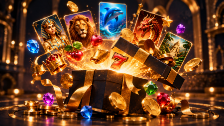 How No Deposit Casino Bonuses Work In Australia A gift box bursts open with gold coins, gems, and casino game icons like a lion, dragon, and playing cards, all set in an ornate, glowing room.