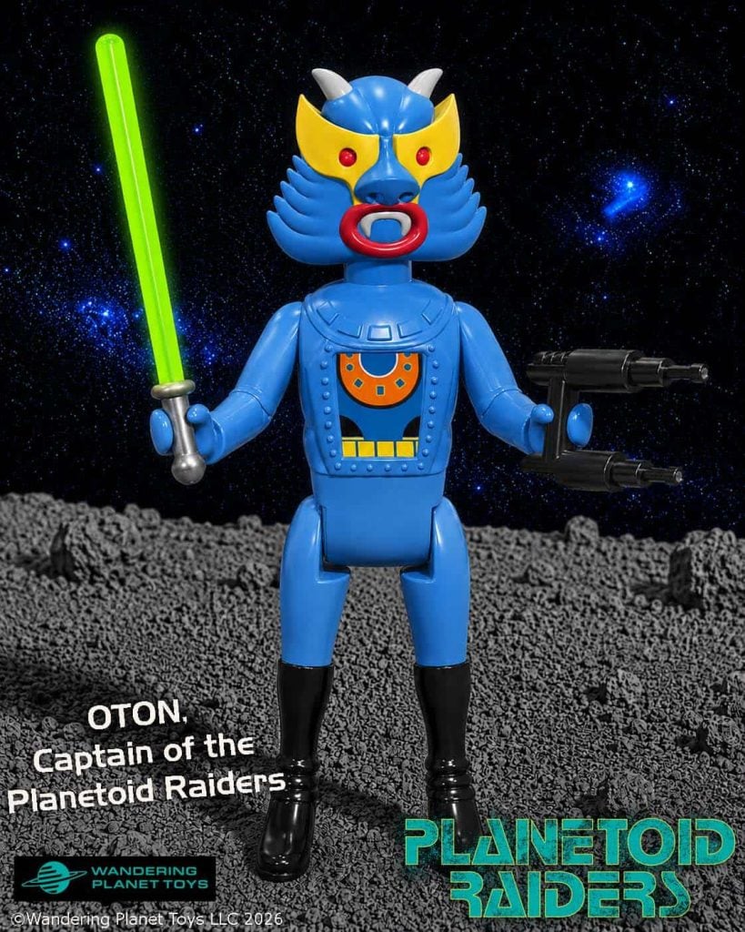 Action figure of OTON, a blue-skinned alien with a mask, armor, a green sword, and a black blaster, standing on a rocky surface with stars in the background.