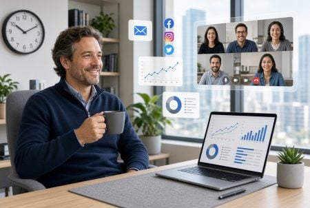 Man holding a mug sits at a desk with laptop displaying charts, while participating in a video call with four people. Social media and email icons appear as digital overlays.