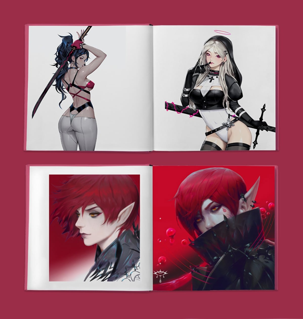 An open art book displays four digital portraits of fantasy characters, including two women with weapons and two red-haired, elf-like individuals against red backgrounds.