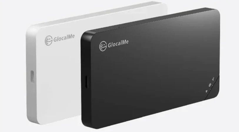 Two rectangular GlocalMe portable Wi-Fi hotspot devices, one black and one white, are shown side by side against a plain background.