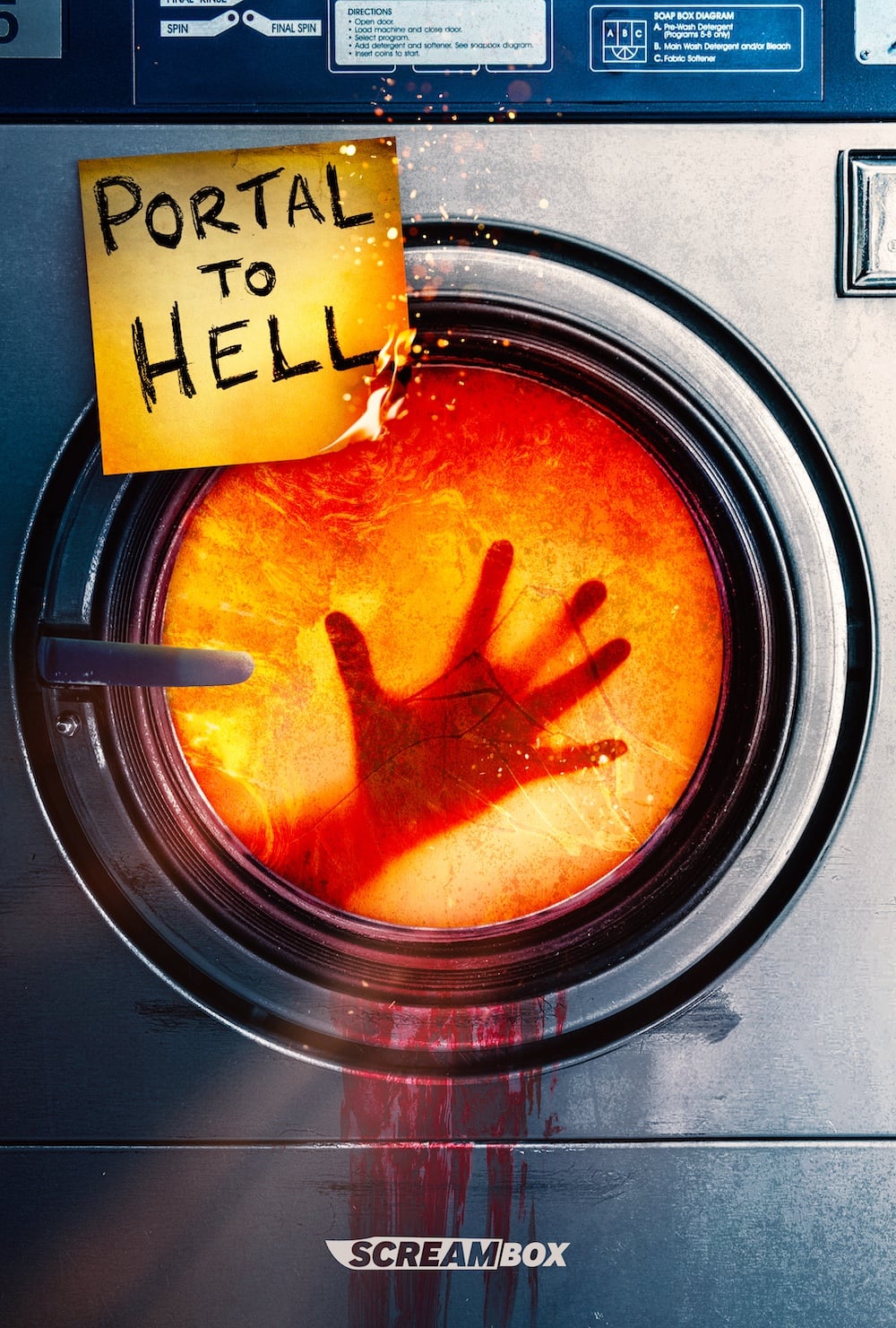 A washing machine door with a fiery portal inside shows a hand reaching out. A sticky note above reads “Portal to Hell.” Blood drips from the door, and “ScreamBox” is at the bottom.