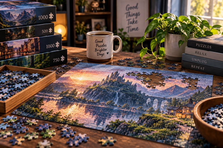 Why Puzzle Games Keep Winning: Brain Test, Daily Riddles, And The Return of The Small Challenge A partially completed jigsaw puzzle of a scenic landscape sits on a table with puzzle boxes, a mug, loose pieces, and a potted plant nearby.