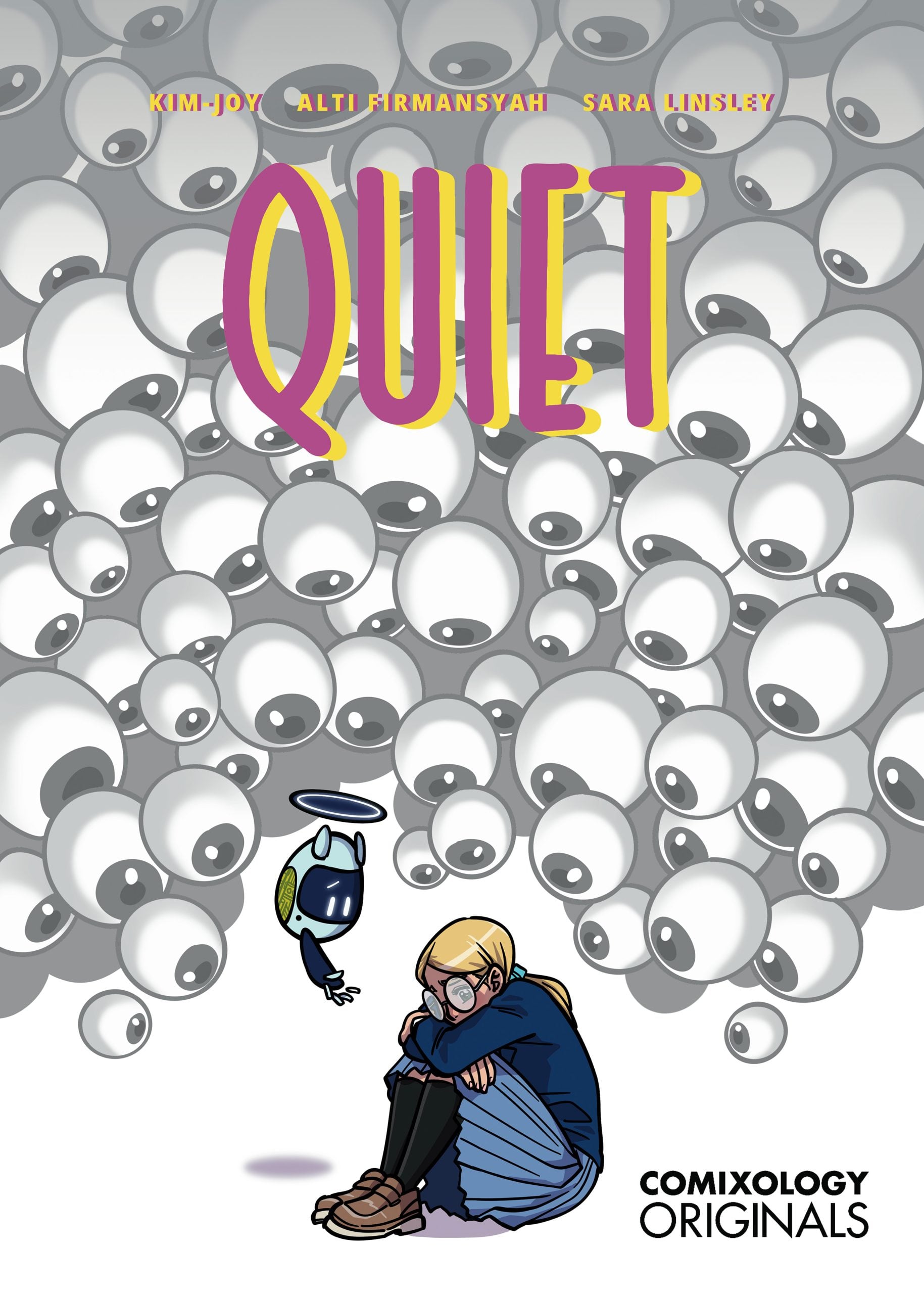 A girl sits on the ground covering her ears, surrounded by floating cartoon eyeballs. The title “QUIET” is above her in large yellow text.