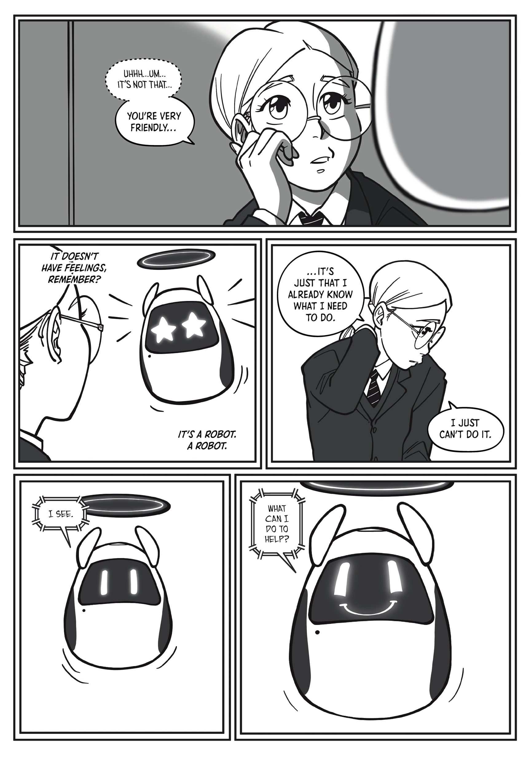 A person in a suit talks to a robot with star-shaped eyes. The person looks uncertain and says they can’t do something, while the robot offers help.