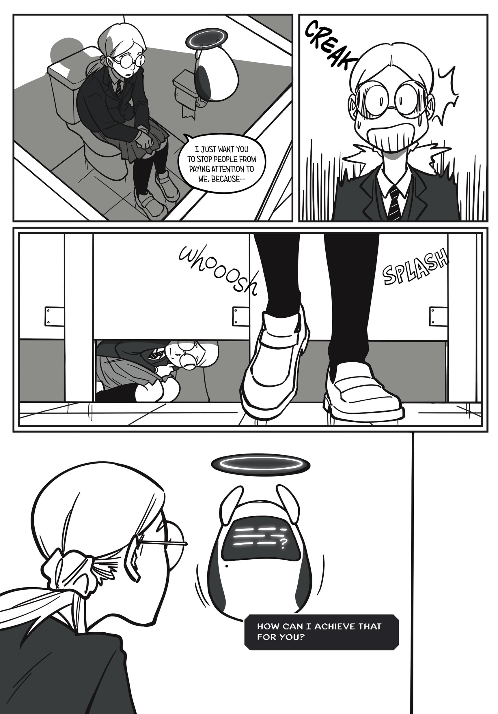 A person talks to a floating robot in an office, then hides under a desk as the robot asks, “How can I achieve that for you?”.