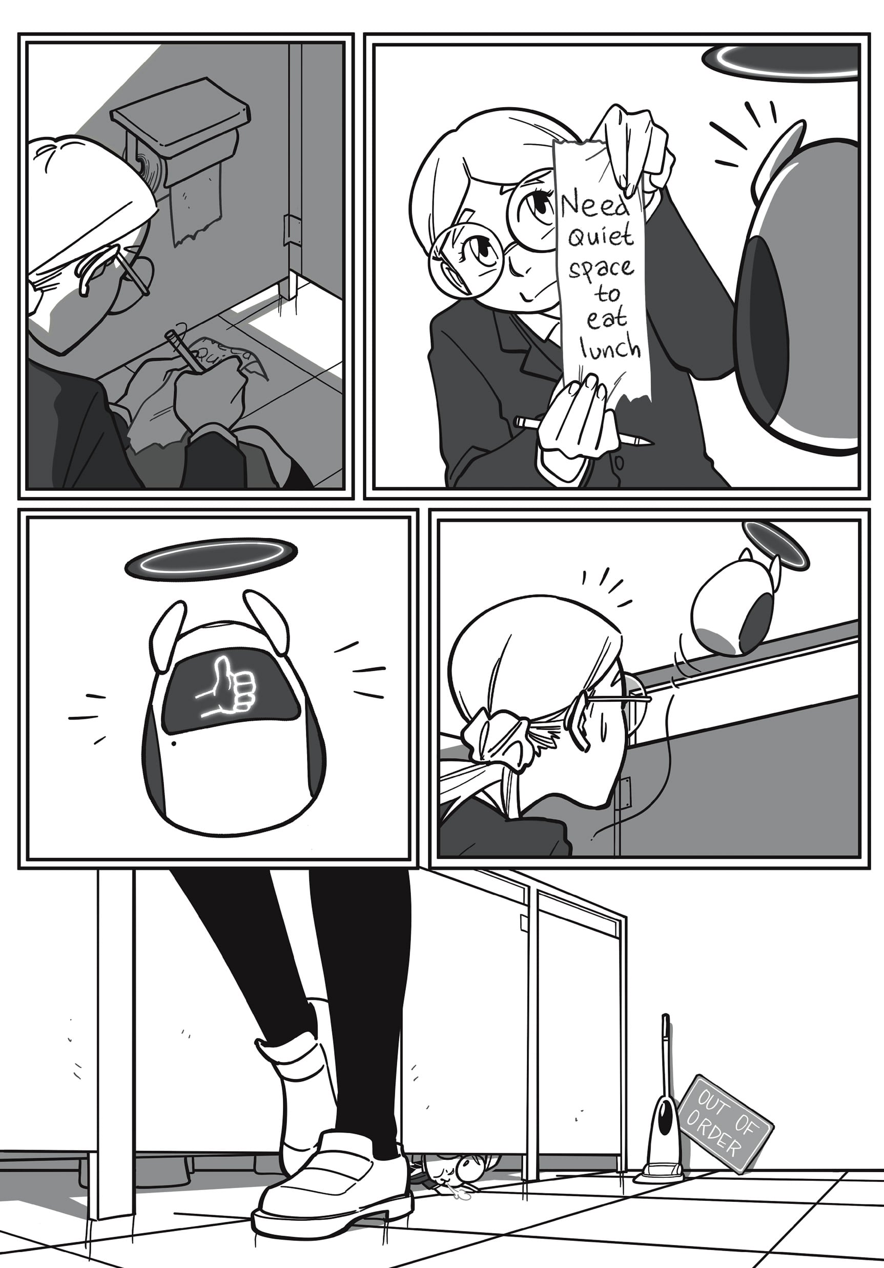 A person writes “Need quiet space to eat lunch,” shows it to a robot, receives a thumbs up, and sits in a bathroom stall while an “Out of Order” sign is placed outside.