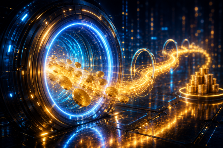 Reading Payout Terms At An Instant Withdrawal Casino A stream of golden coins flows from a glowing futuristic portal toward a stacked pile of coins, set in a high-tech digital environment.