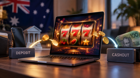 A laptop displays a slot machine with triple sevens, surrounded by deposit and cashout icons, coins, and Australian currency, with an Australian flag visible in the background.