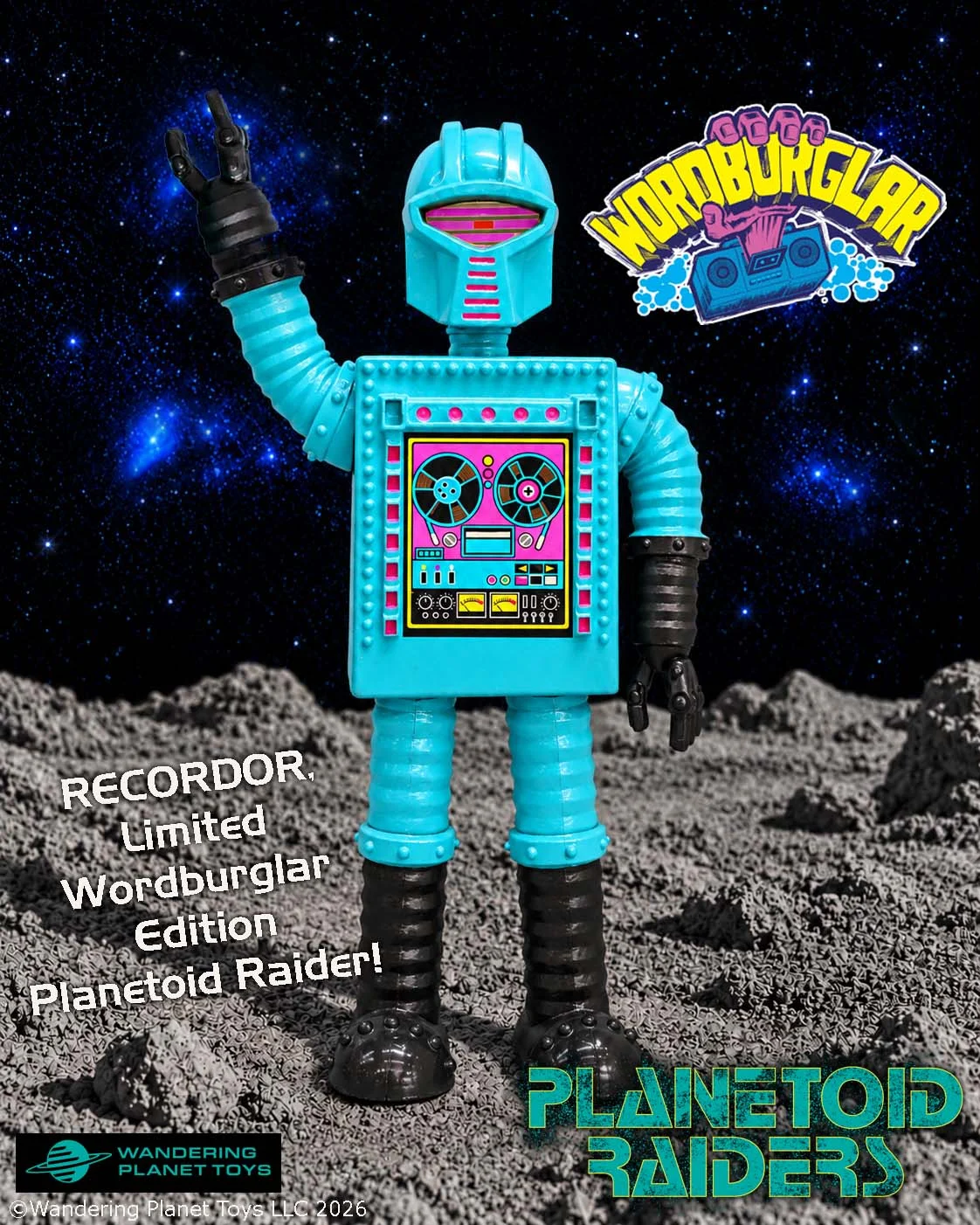 A blue and black robot action figure with a control panel on its chest stands on a rocky surface beside text promoting a limited Wordburglar Edition Planetoid Raider toy.