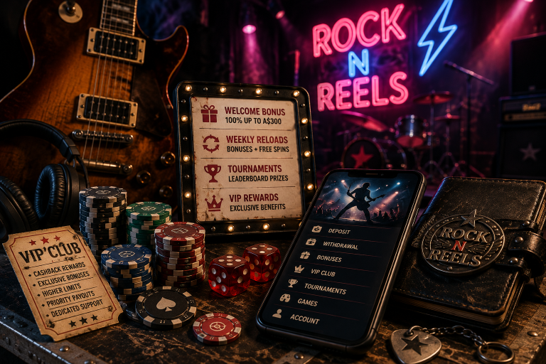 Casino chips, playing cards, a phone displaying a rock concert, VIP cards, and a welcome bonus sign are arranged on a table. A “Rock N Reels” neon sign is lit in the background.