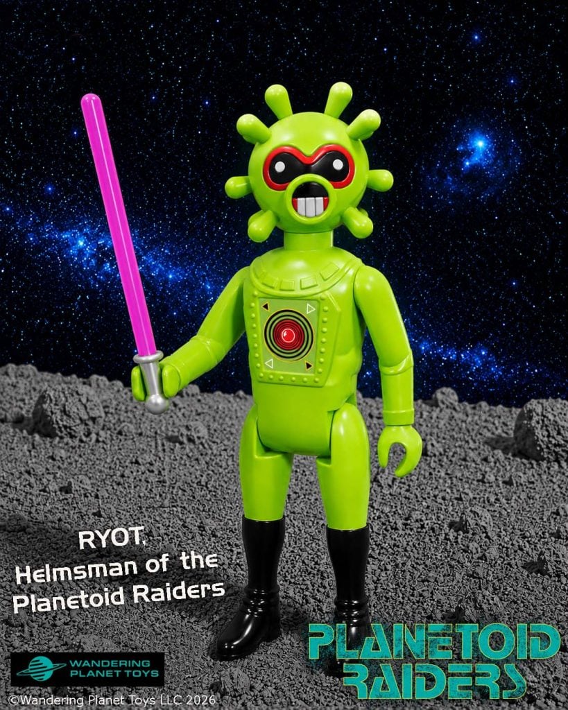 Green toy figure with a pink lightsaber stands on a rocky surface against a starry space background. Text reads: “RYOT: Helmsman of the Planetoid Raiders.”.