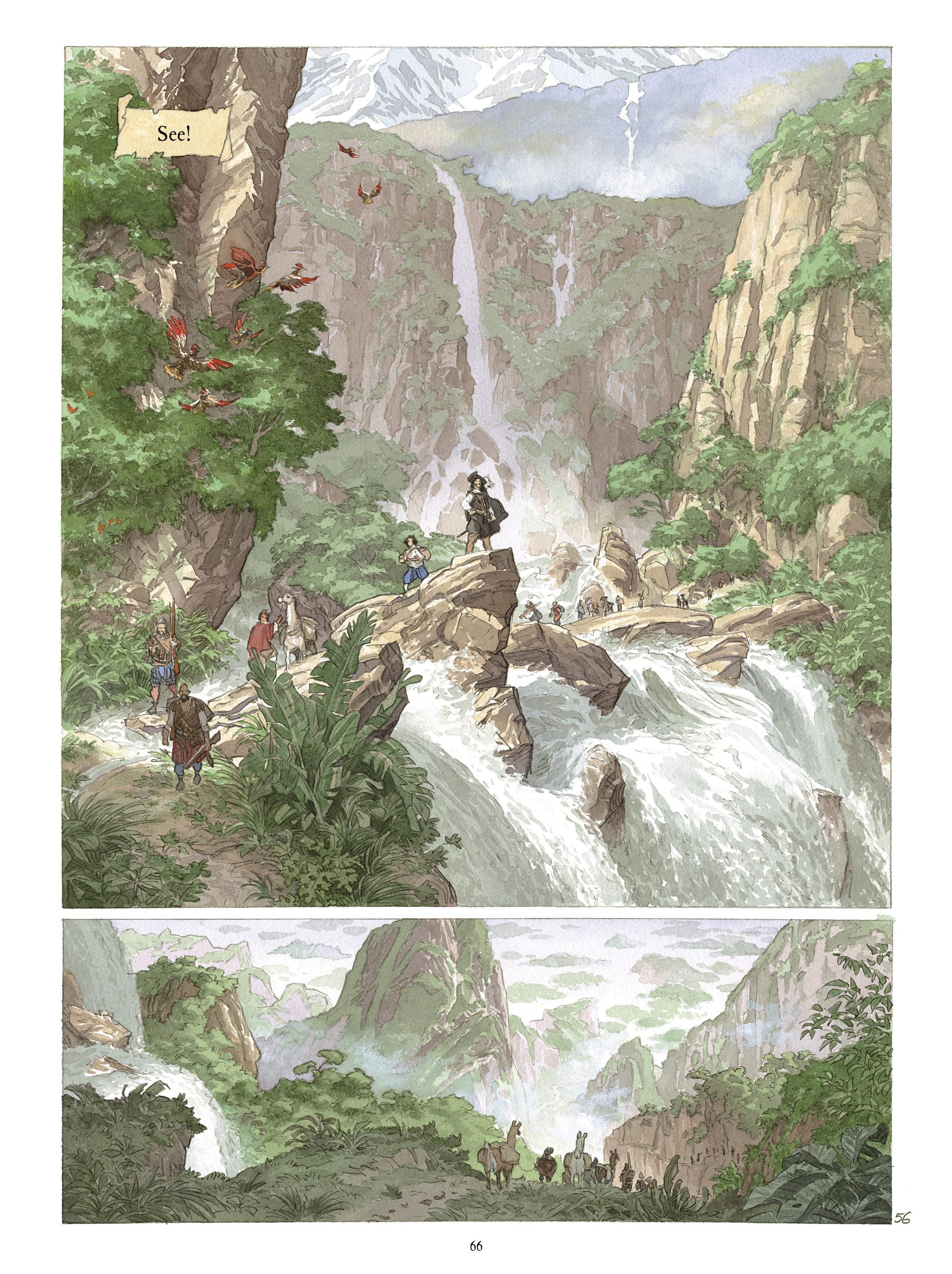 A group crosses a rocky stream with a waterfall in the background; lush mountains surround them, and one person points ahead.
